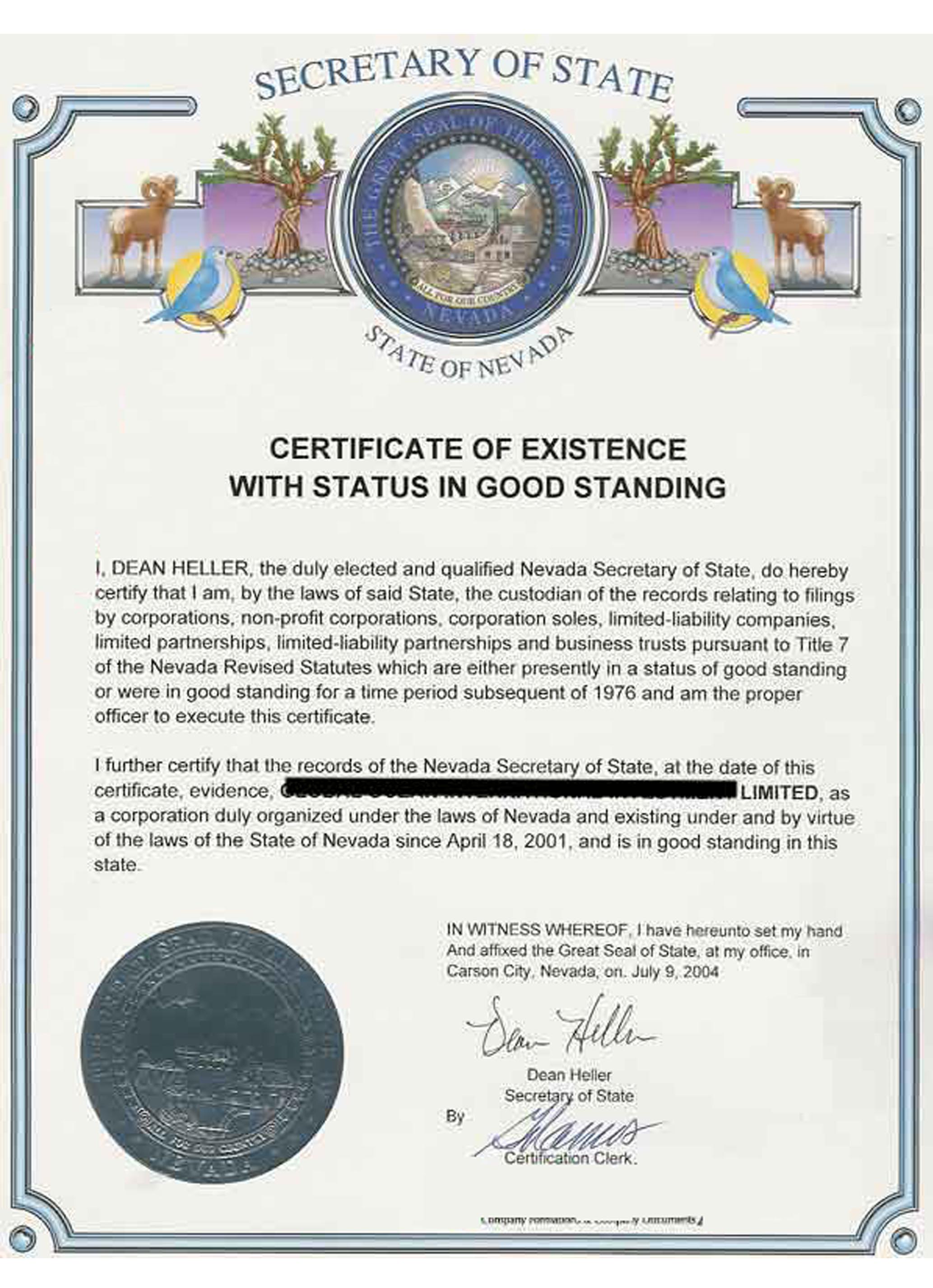 USA Nevada certificate of good standing